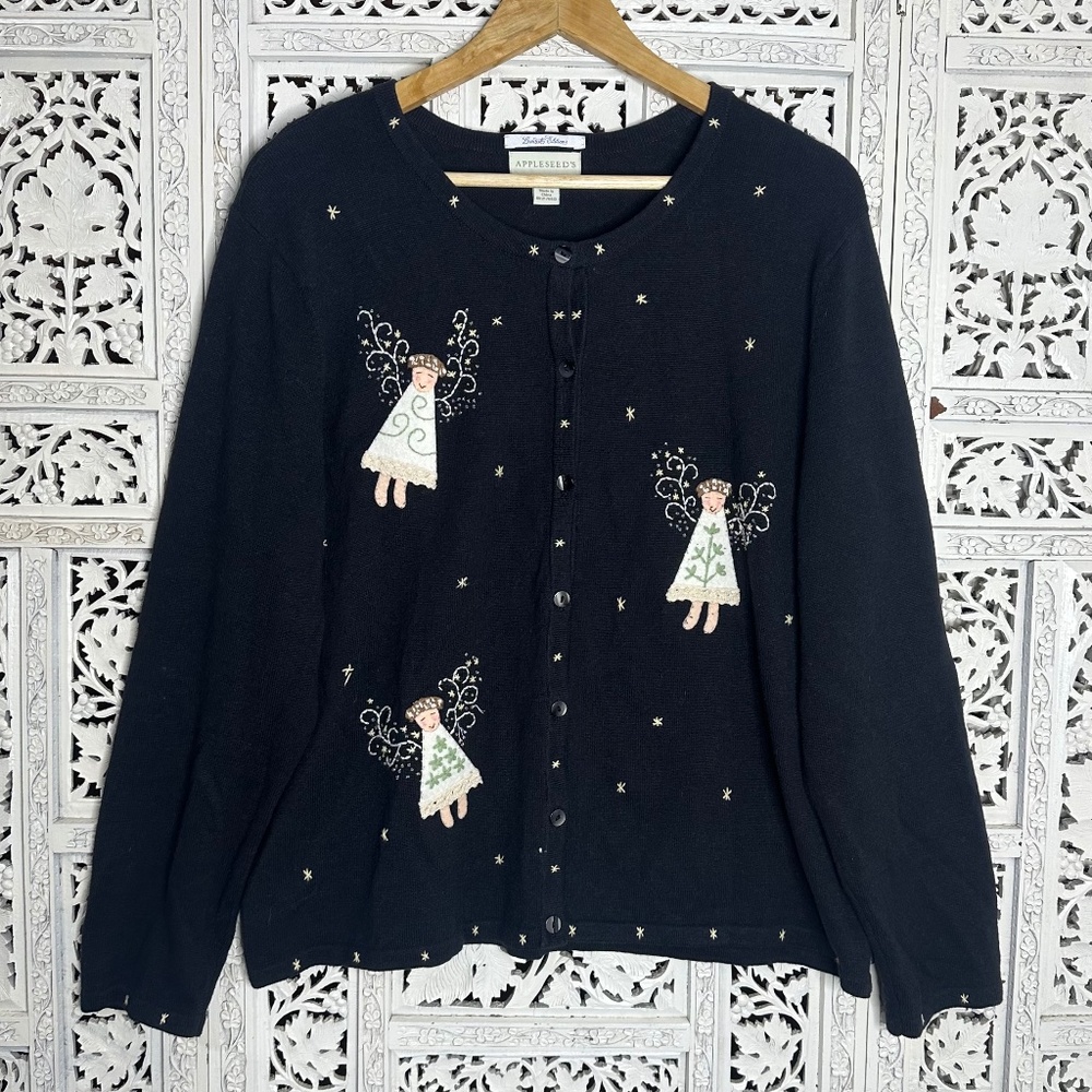 Vintage Appleseeds‎ Black Angel Festive Holiday Cherub Button Up Cardigan Sz XL